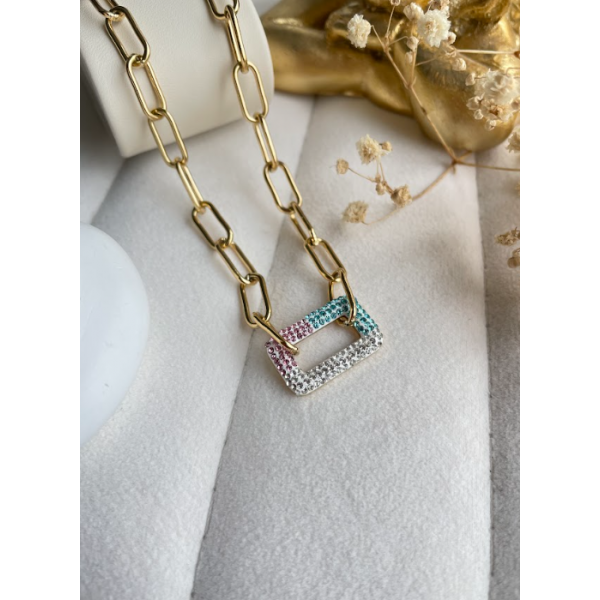 Collier pendentif rectangle à zircons colorés