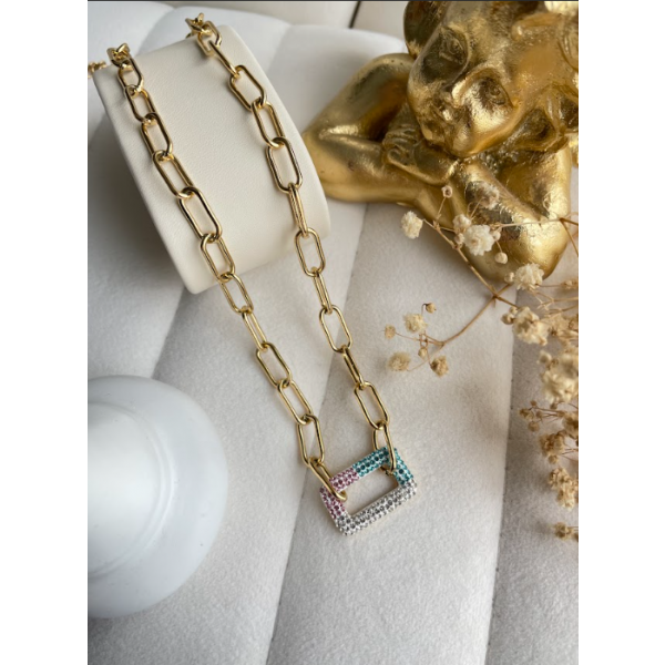 Collier pendentif rectangle à zircons colorés