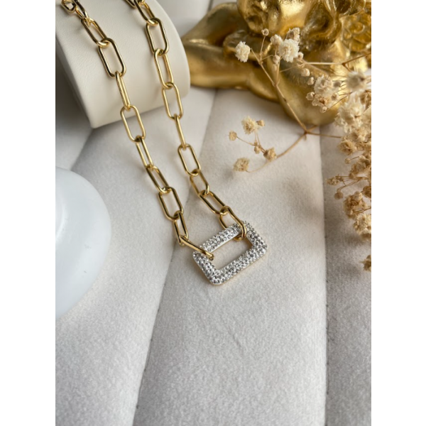 Collier pendentif rectangle à zircons blancs