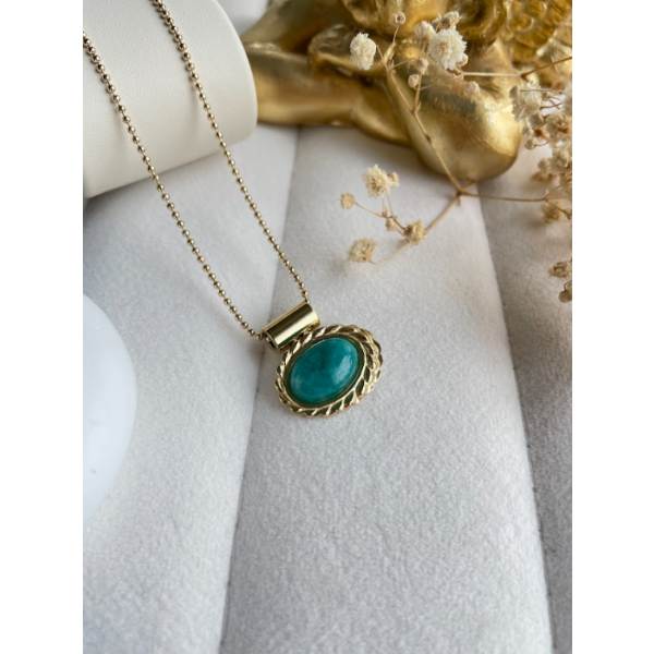 Collier pierre marbre turquoise ovale horizontale