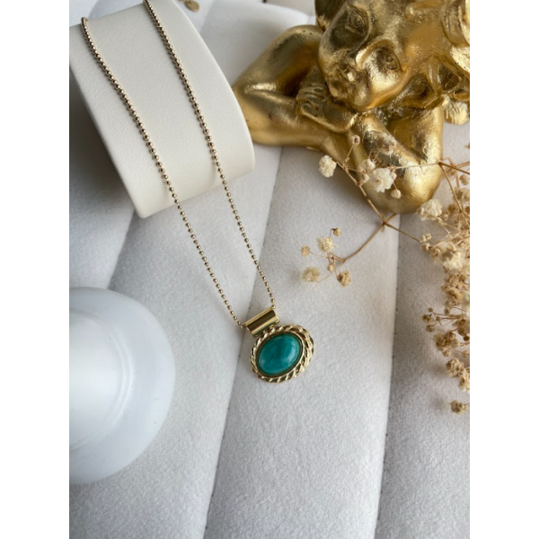 Collier pierre marbre turquoise ovale horizontale