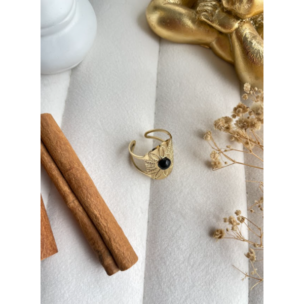 Bague double rangs surface ovale pierre noire