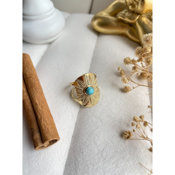 Bague double rangs surface ovale pierre marbrée turquoise