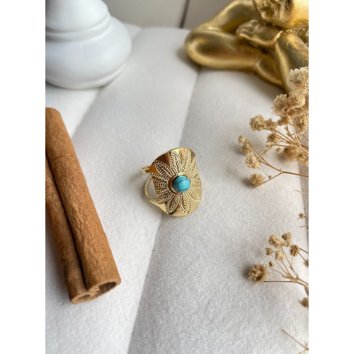Bague double rangs surface ovale pierre marbrée turquoise