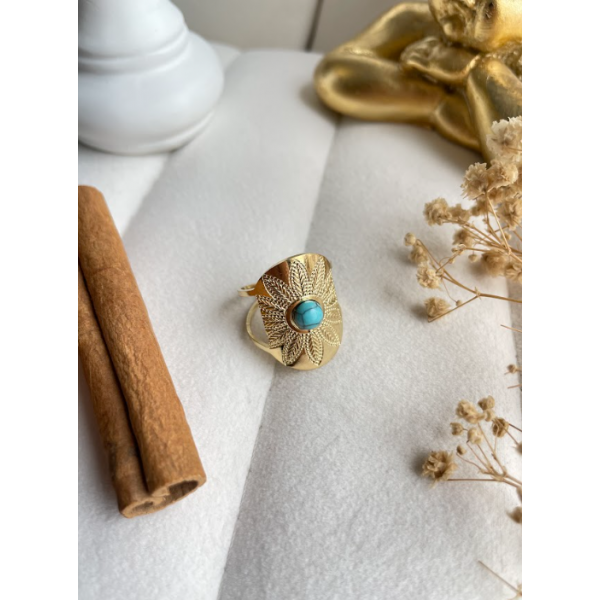 Bague double rangs surface ovale pierre marbrée turquoise