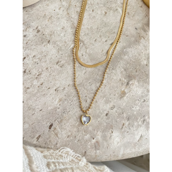 Collier double chaines coeur diamant
