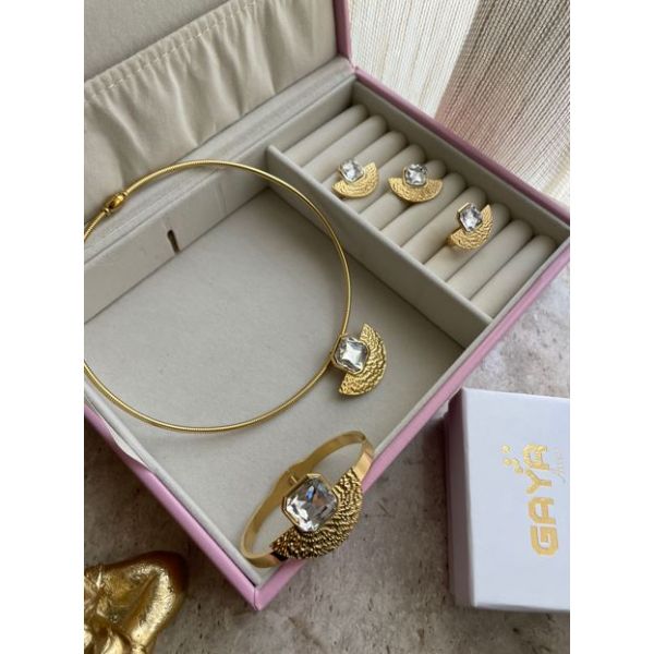Parure Eventail Doré avec cristal Argent