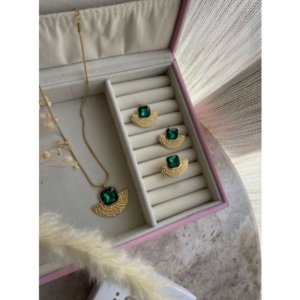 Parure Eventail Argent avec cristal Verte