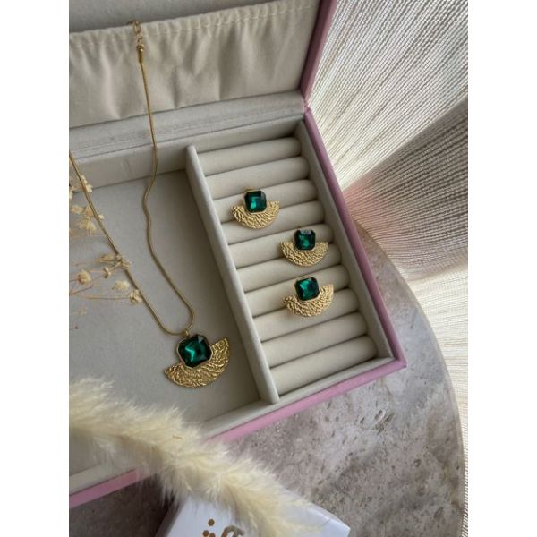 Parure Eventail Argent avec cristal Verte