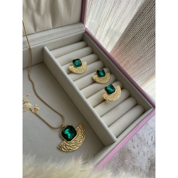 Parure Eventail Argent avec cristal Verte