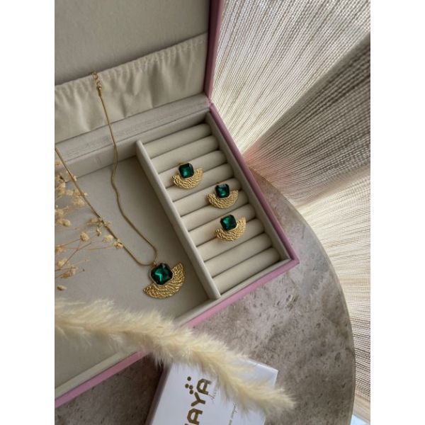 Parure Eventail Argent avec cristal Verte