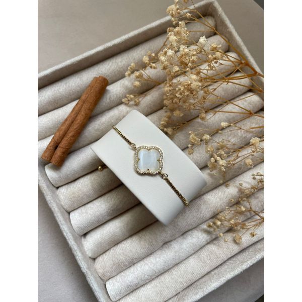 Bracelet trèfle plat blanc et contour en zircons
