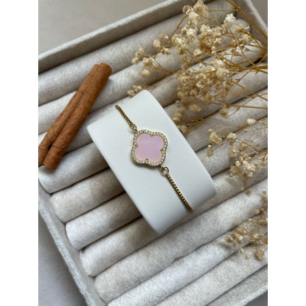Bracelet trèfle plat rose et contour en zircons