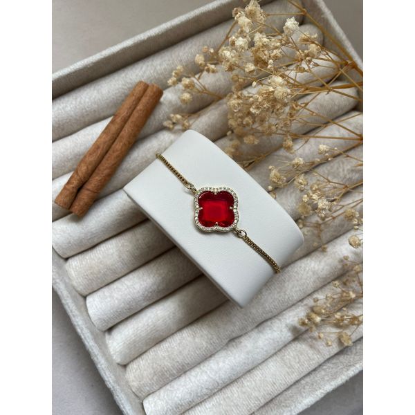 Bracelet trèfle plat rouge et contour en zircons