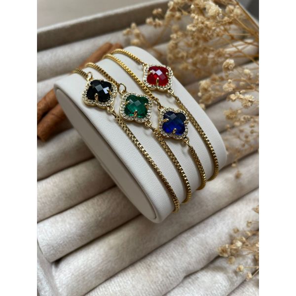 Bracelet trèfle bombé noir et contour en zircons