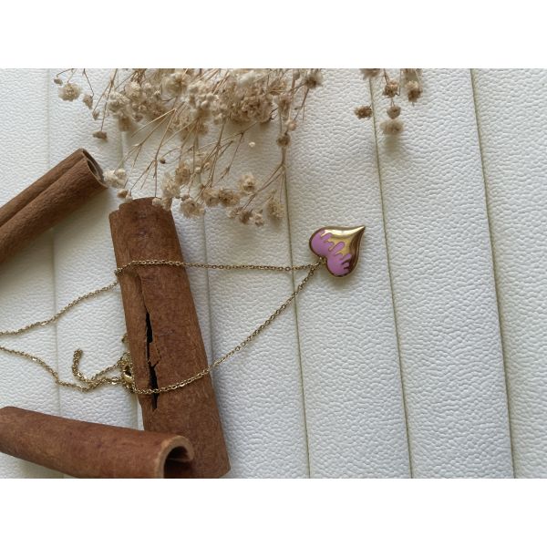 Collier coeur doré dessin écoulement rose