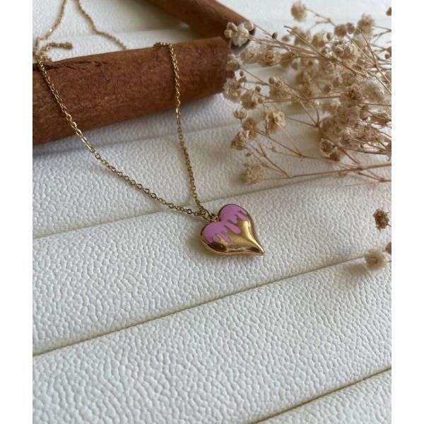 Collier coeur doré dessin écoulement rose