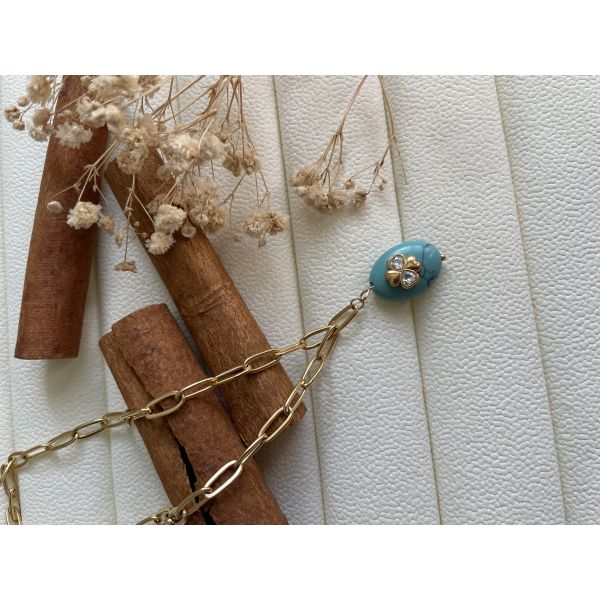 Collier pierre marbre turquoise trèfle