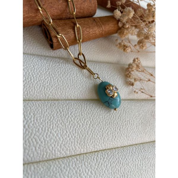 Collier pierre marbre turquoise trèfle