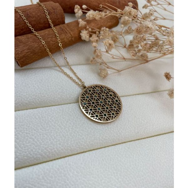 Collier médaille fleurie strass vert