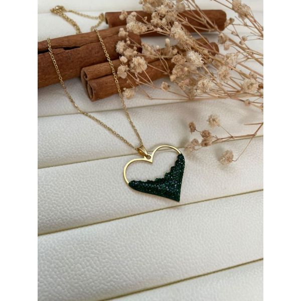 Collier coeur moitié en strass vert