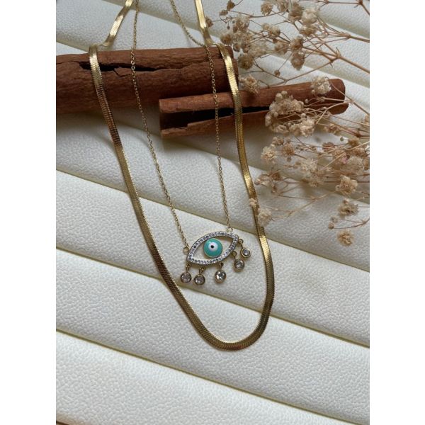 Collier a double chaine doré pendentif oeil
