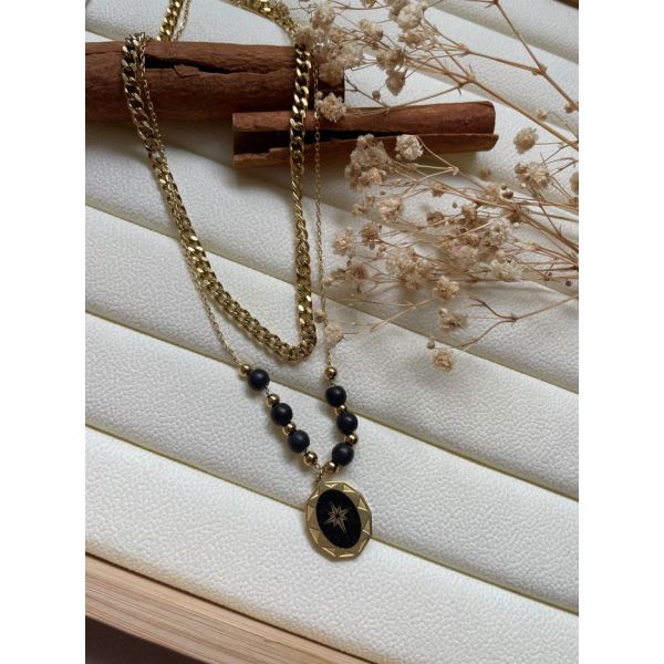 Collier avec soutoir en agates noires et doré