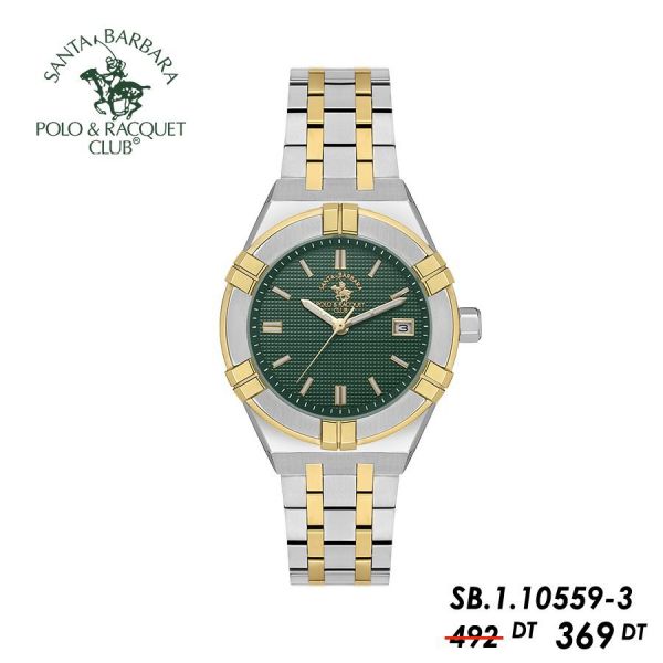 Montre Polo Santa Barbara Argent & Doré Fond Vert