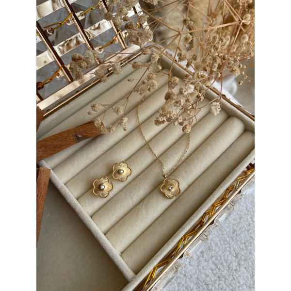 Parure Trèfle avec Perle Blanche